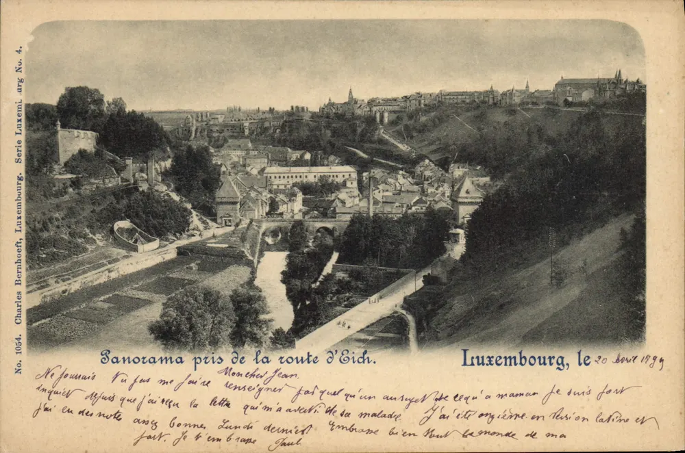 Panorama preso dalla strada di Eich — Luxembourg, il 20 aprile 1899 — Charles Bernhoeft, Serie Luxembourgeoise, No. 1094 - Recto