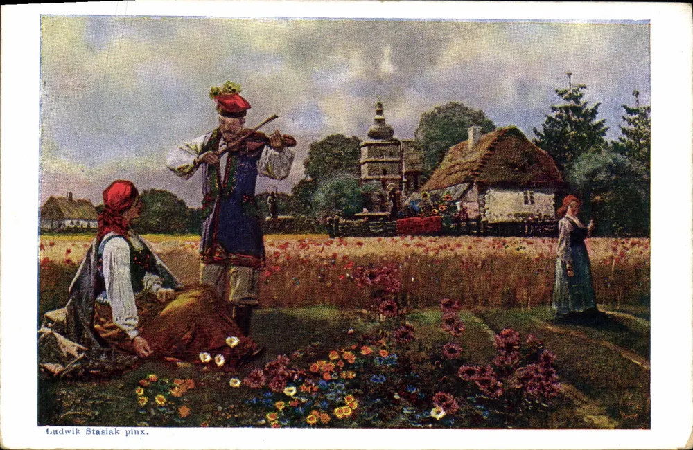 Músico polonês em traje tradicional — cena campestre com flores — Ludwik Stasiak pinx. — Edição do salão dos pintores poloneses em Cracóvia, série 71, n°1 - Frente