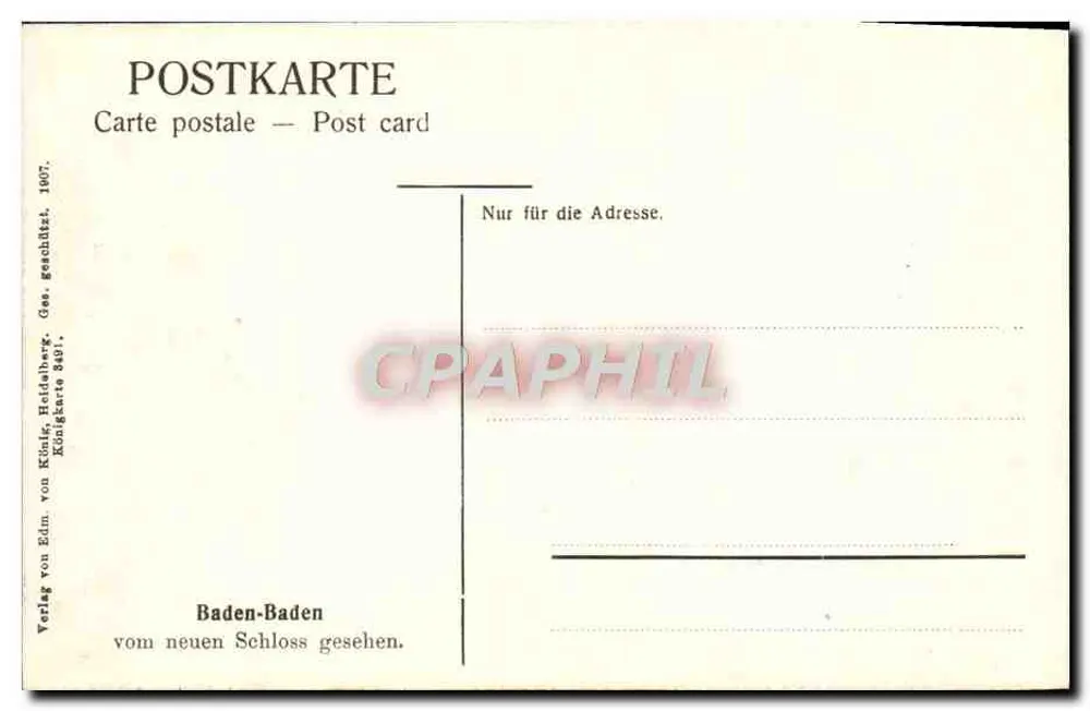Baden-Baden — Ansicht des neuen Schlosses — Verlag von Edm. von Künig, Heidelberg - Rückseite