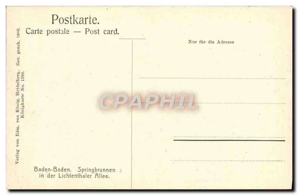 Baden-Baden — Springbrunnen in der Lichtenthaler Allee — Verling von Edm. von König, Heftelberg, Königs-Karte Nr. 1380 - Rückseite