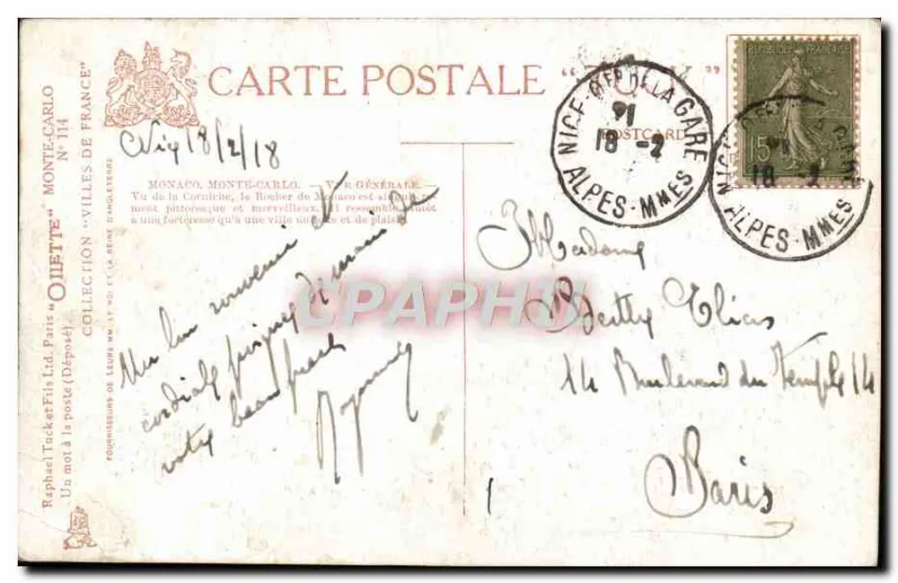 Mônaco, Monte-Carlo — Vista geral — Raphael Tucker & Fils Ltd. N°114 - Verso