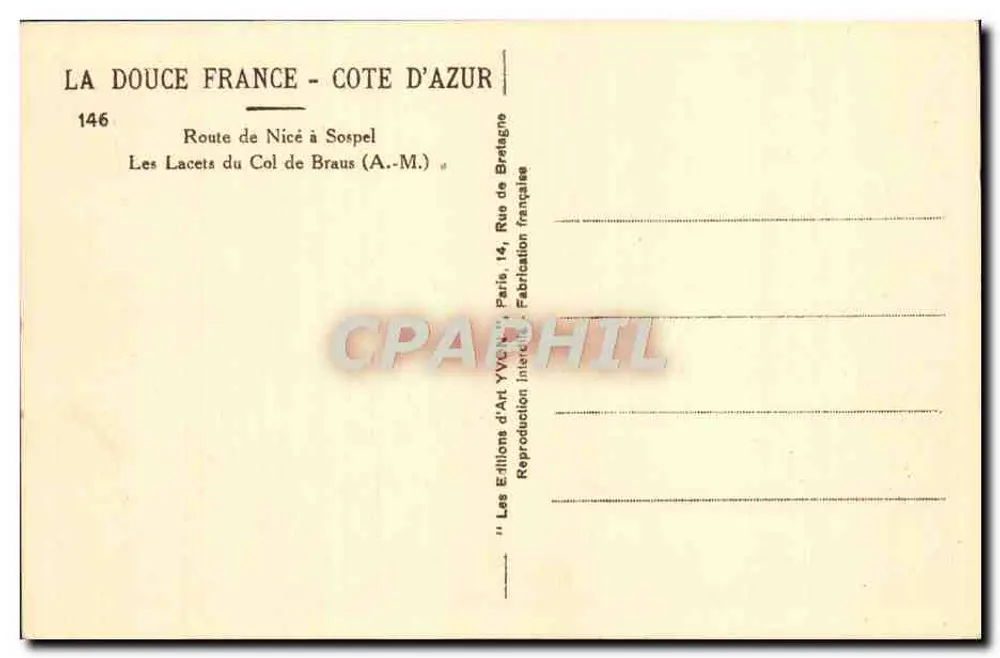 Die Lacets des Col de Braus — Route von Nice nach Sospel — Éditions d'Art Yvonne, Paris - Rückseite