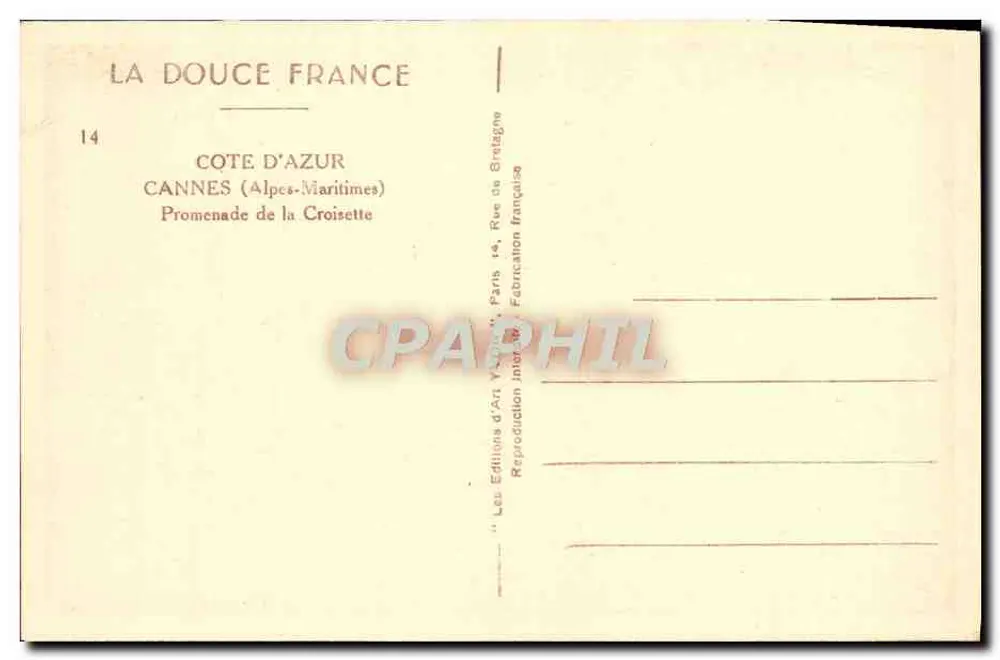 Cannes — Promenade de la Croisette — Éditions d'Art Yvon - Verso