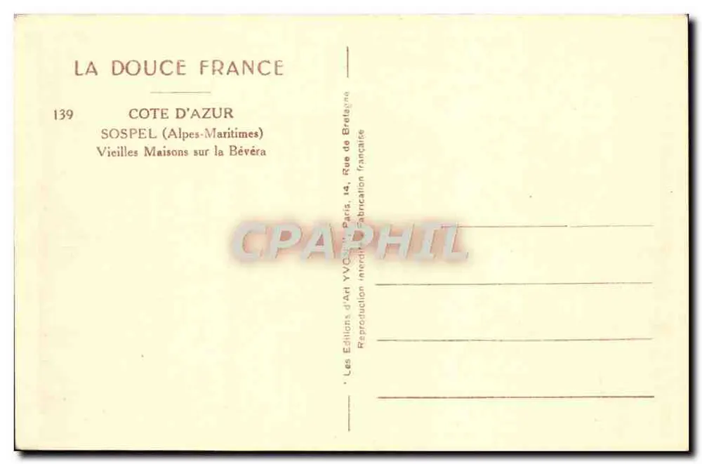 Sospel — Alte Häuser an der Bévéra — Les Éditions d'Art Yvcs, Paris - Rückseite