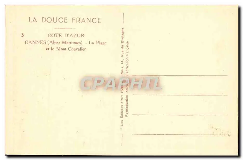 Cannes — A Praia e o Monte Chevalier — Éditions d'Art Yvor - Verso