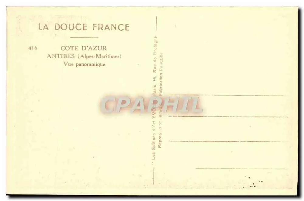 Antibes — Vista panorâmica — Les Éditions d'Art Yvon, n°416 - Verso
