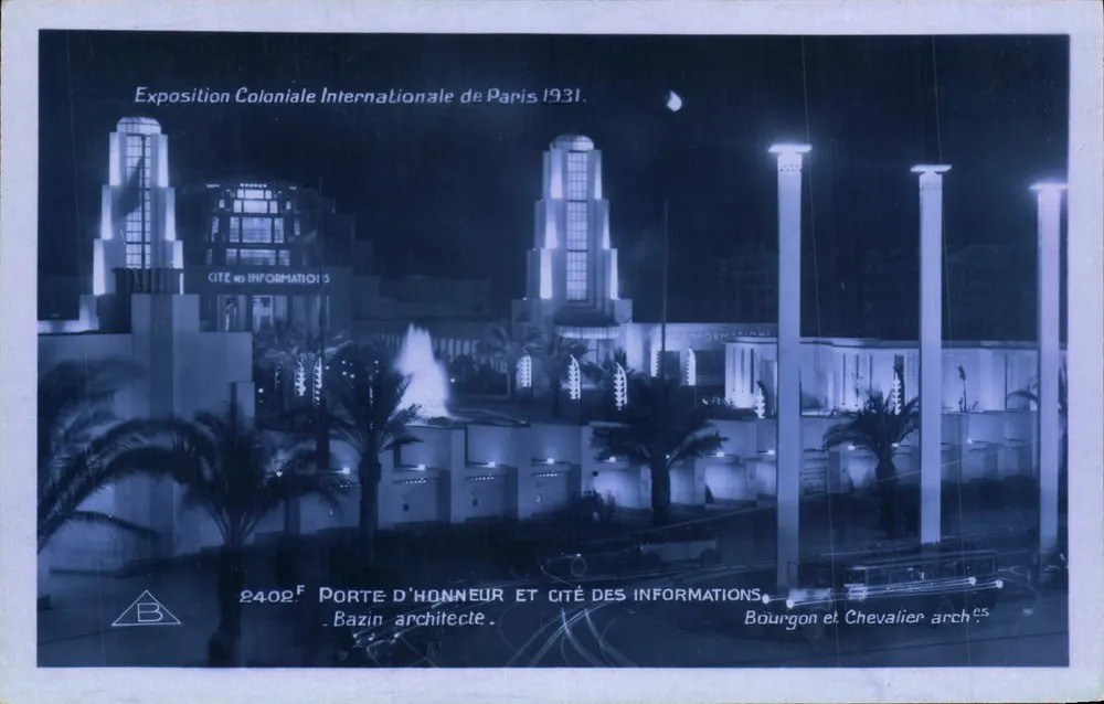 Ehrentor und Cité des Informations — Internationale Kolonialausstellung Paris 1931 — Architekten Bourgon und Chevalier - Vorderseite