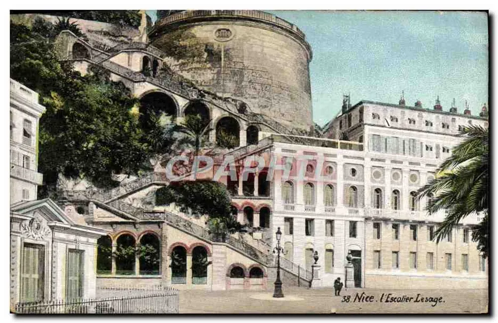 Nice. L'Escalier Lesage — vue du château et du bâtiment à arcades, éditeur 'S8 Nice' imprimé en bas - Awers