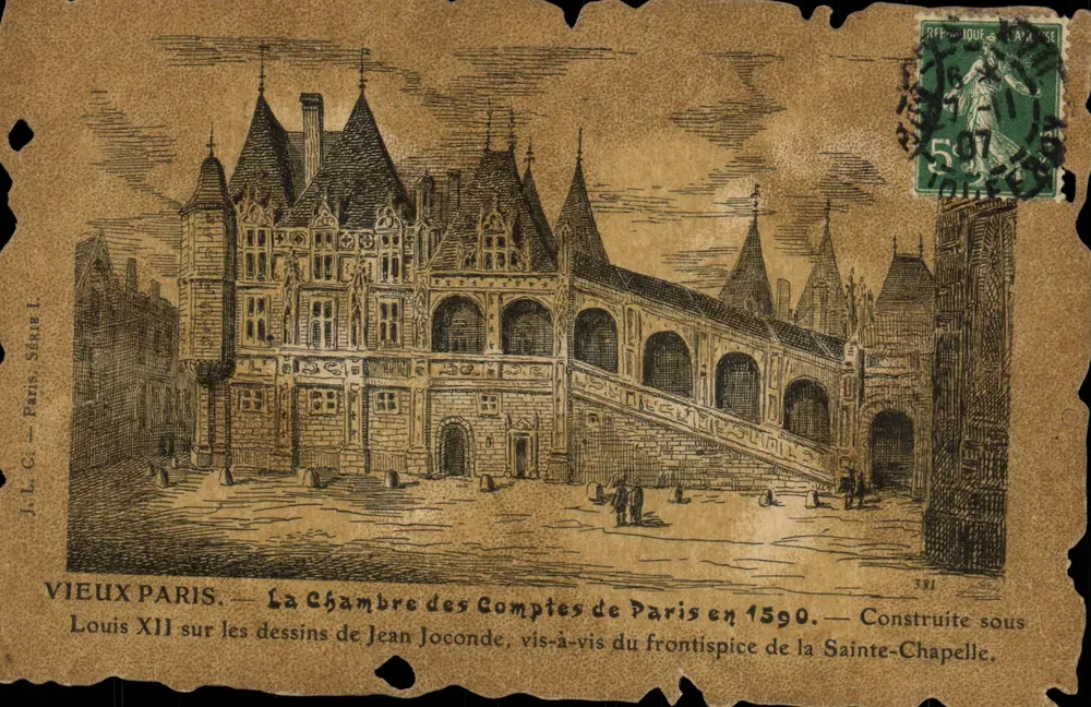 Die Kammer der Rechnungen von Paris im Jahr 1590 — Errichtet unter Ludwig XII. nach den Entwürfen von Jean Joconde, gegenüber der Fassade der Sainte-Chapelle — J.L.C. — Paris, Serie I - Vorderseite