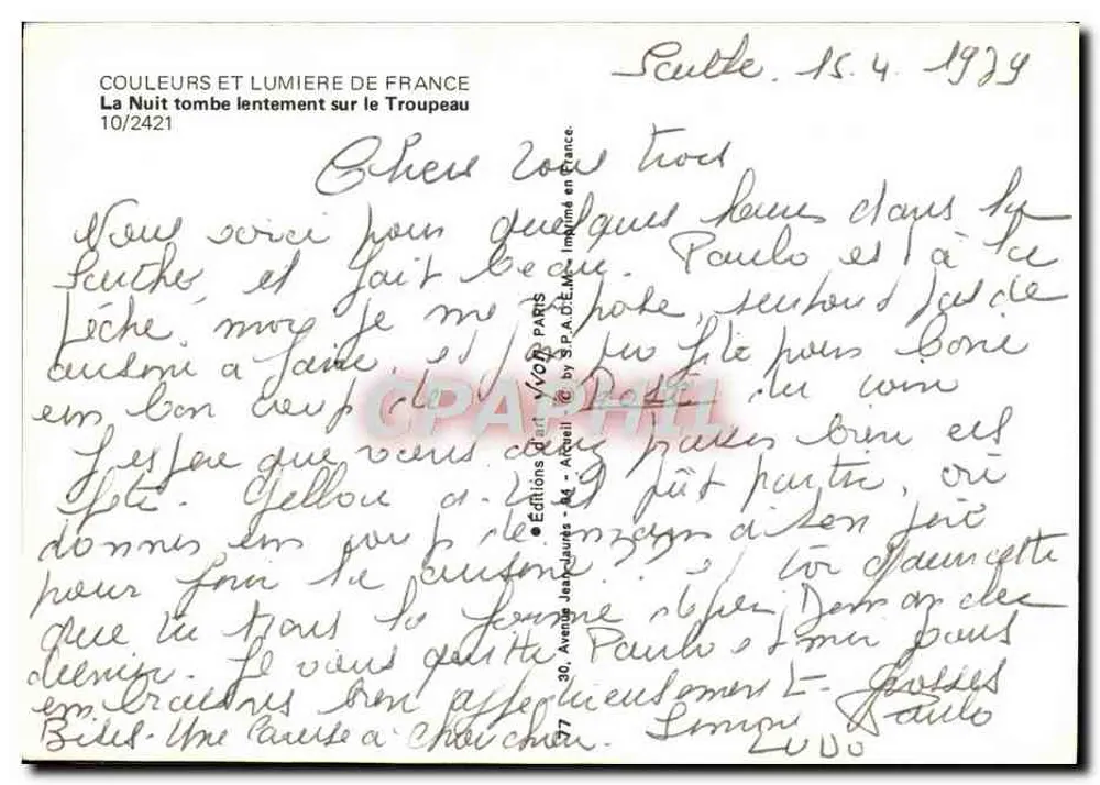Paisaje pastoral con ovejas — La noche cae lentamente sobre el rebaño — Ediciones Jean-Jaurès, París - Reverso
