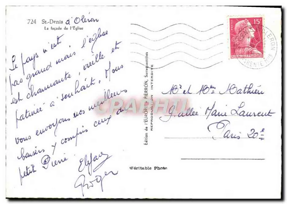 St-Denis d'Oleron — Facha da Igreja — Edição da Europa, Sarreguemines - Verso
