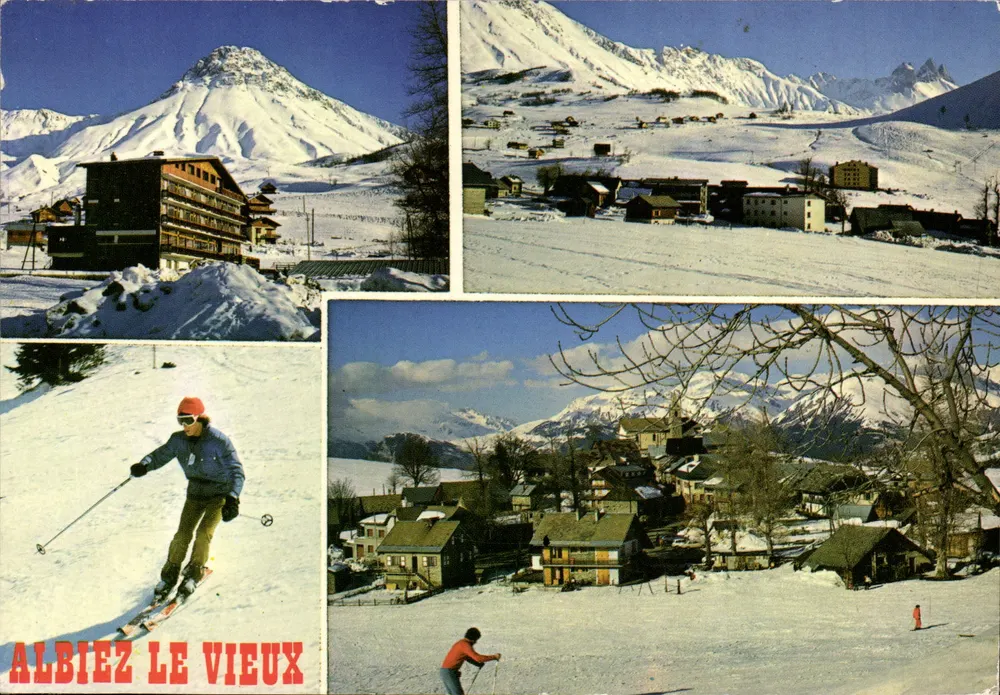 Albiez Le Vieux — vista panoramica e sciatori — editore Carrefour Alpine - Recto