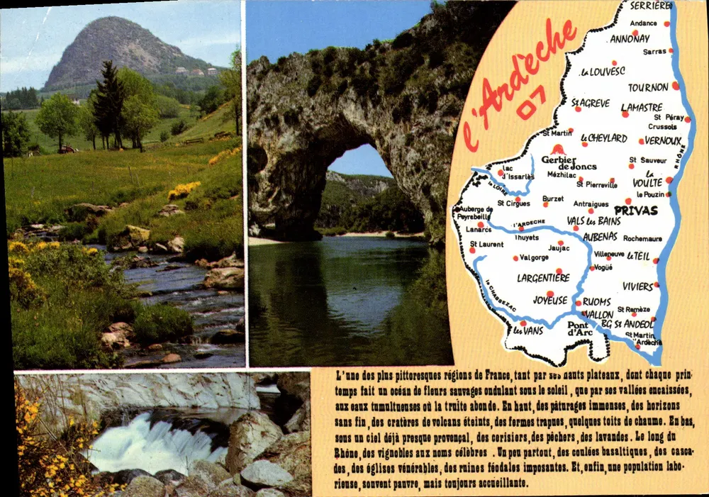 L'Ardeche — Carte postale touristique avec carte du département et paysages - Frente