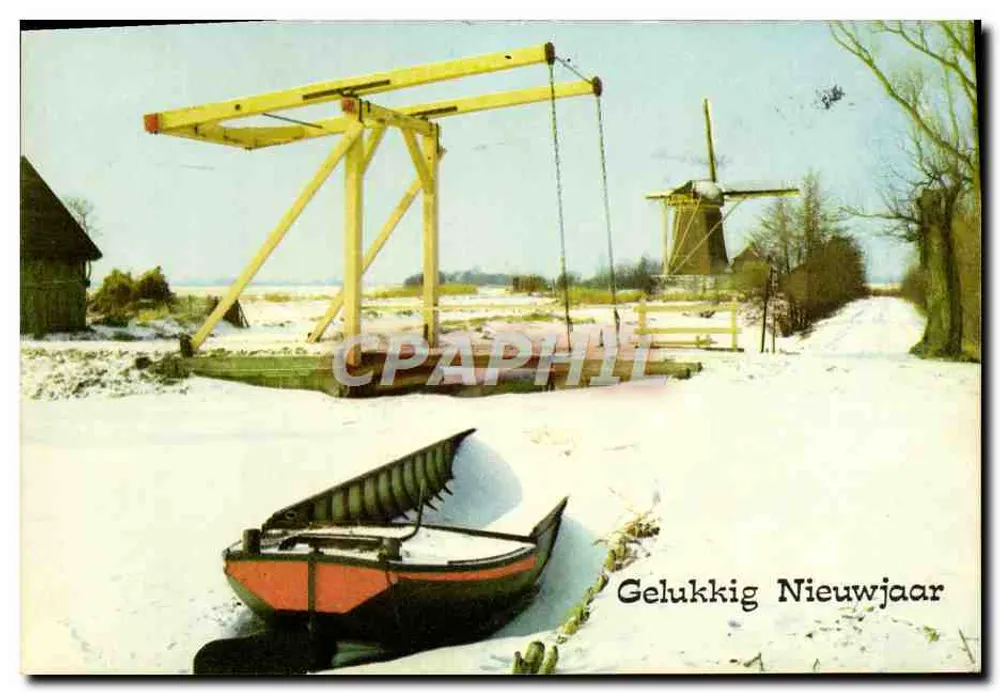Winterlandschaft mit gelber Grube und Windmühle — Text 'Gelukkig Nieuwjaar' — Verlag MLVA Valkenburg B.I. - Vorderseite
