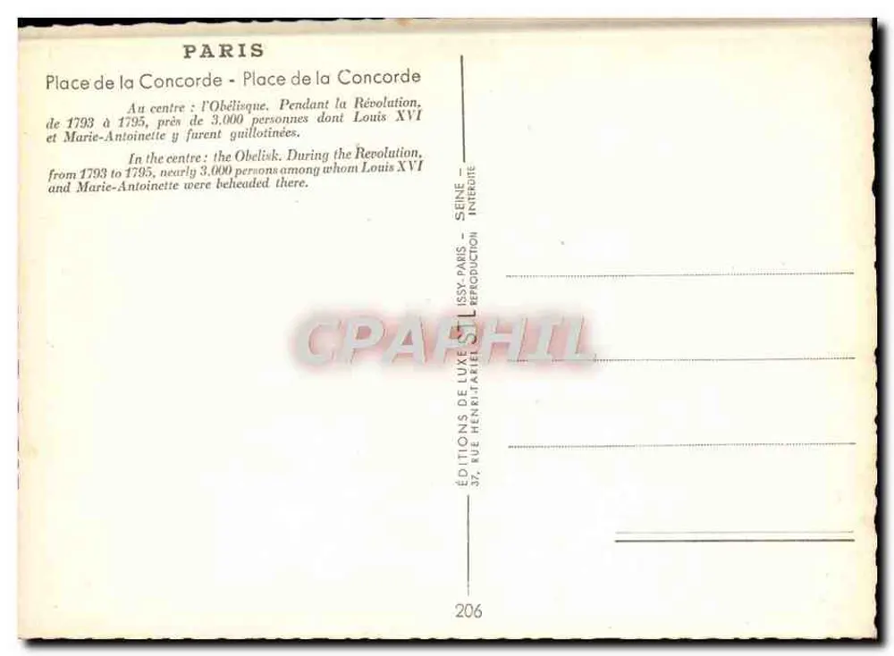 Praça da Concórdia — Obelisco — Éditions de Luxe Henri Labeil, n°206 - Verso