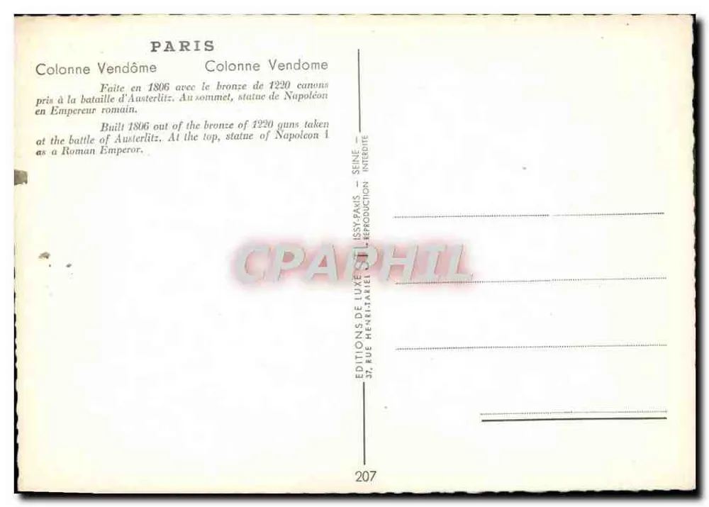 Paris — Coluna Vendôme — Edições de Luxo Henri-Hamel - Verso