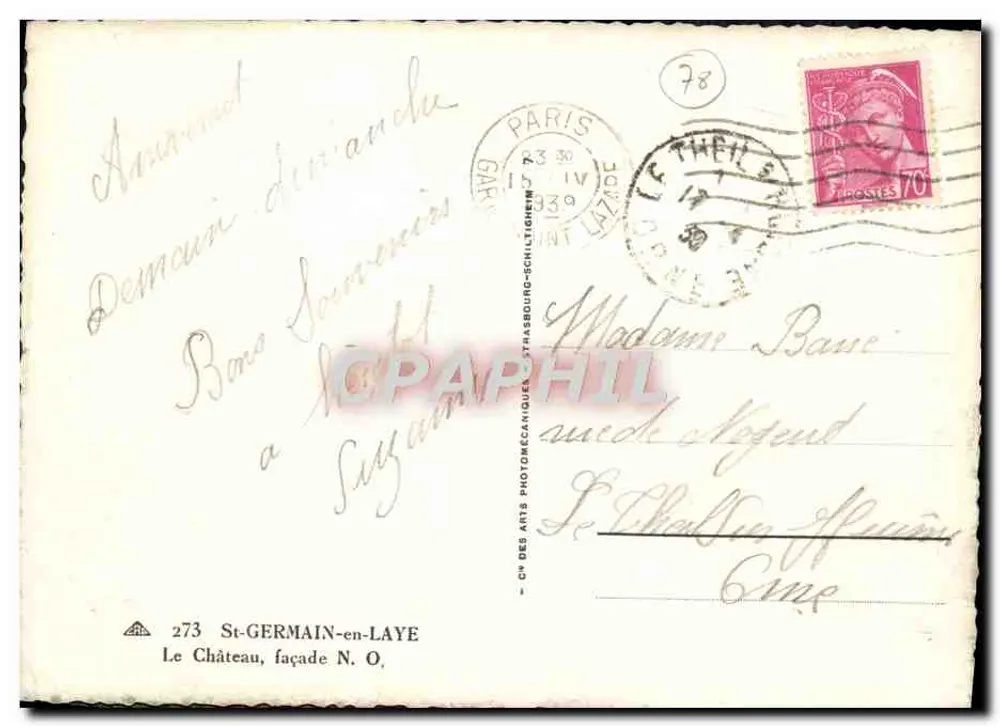 Le Château de Saint-Germain-en-Laye — façade Nord-Ouest — éditeur Cie des Arts Photomécaniques, n° 273 - Verso
