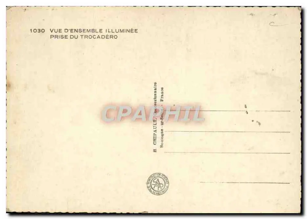 पेरिस 1937 की अंतरराष्ट्रीय प्रदर्शनी — टावर ऑफ ईफ़ेल और ट्रोकाडेरो का रात का दृश्य — एच. चिपॉल्ट, बूडून-सर-सीन, फ्रांस - पीछे
