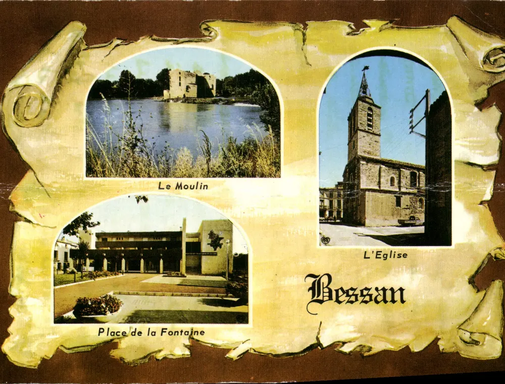 Bessan — Das Mühle, Die Kirche, Place de la Fontaine — Société des Cartes Postales AFA-POUX - Vorderseite
