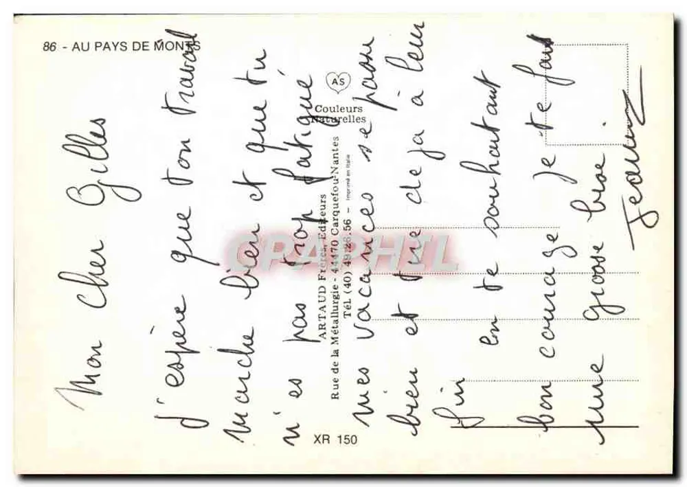 Moinho de vento — Pays de Monts — editor ARTAUD Frères, Nantes, n° 86 - Verso
