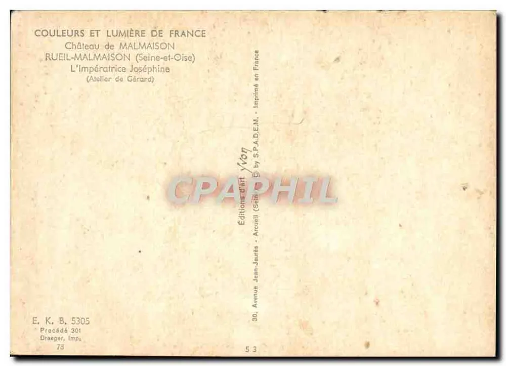 L'Impératrice Joséphine — Portrait assise, couronne et robe brodée — Éditeur : Jean-Jaunts, Rueil-Malmaison - Verso
