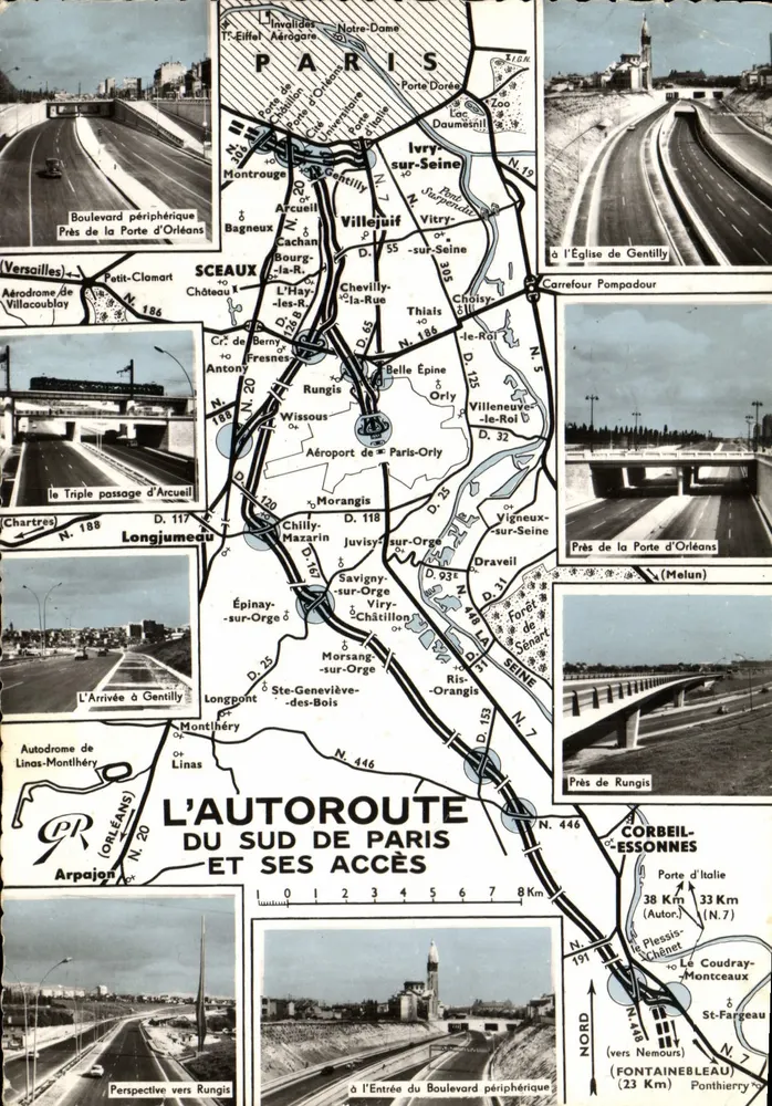 L'AUTOROUTE DU SUD DE PARIS ET SES ACCÈS — Carte illustrée avec plan et photos de points d'accès — Éditions d'Art YVON, Paris - Vorderseite