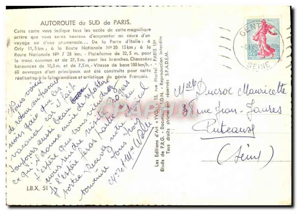 L'AUTOROUTE DU SUD DE PARIS ET SES ACCÈS — Carte illustrée avec plan et photos de points d'accès — Éditions d'Art YVON, Paris - Rückseite