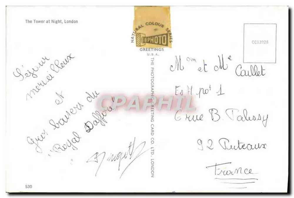 A Torre de Londres à noite — série Natural Colour — editor The Photographic Greeting Card Co. Ltd. n°530 - Verso