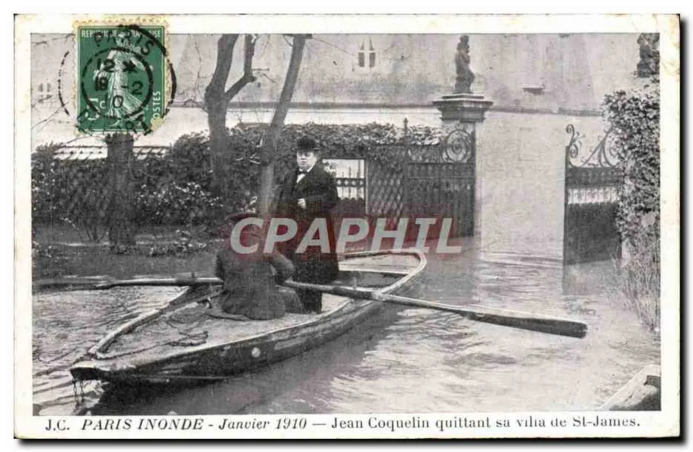Jean Coquelin verlässt seine Villa von St-James — Überschwemmungsszene in Paris — Verlag J.C. PARIS INONDE, Nr. 1910 - Vorderseite