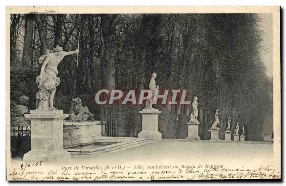Park von Versailles (S.-et-O.) — Allee führend zum Bassin von Neptun — J.A. Bourdier, Druck Versailles - Vorderseite