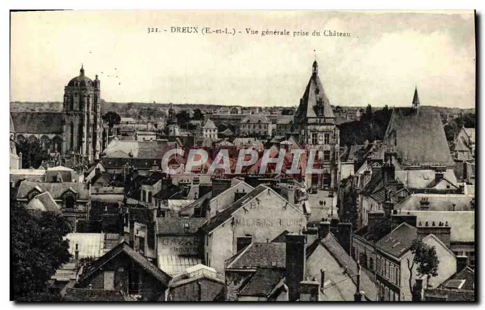 Dreux (E-et-L.) — Vista general tomada desde el Castillo — editor: Malassis & Cie, n° 321 - Anverso