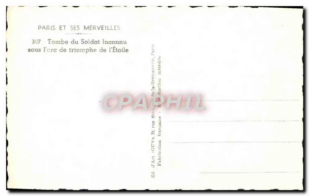 Grab des Unbekannten Soldaten — unter dem Triumphbogen de l'Étoile — Éd. D'Art, Paris - Rückseite
