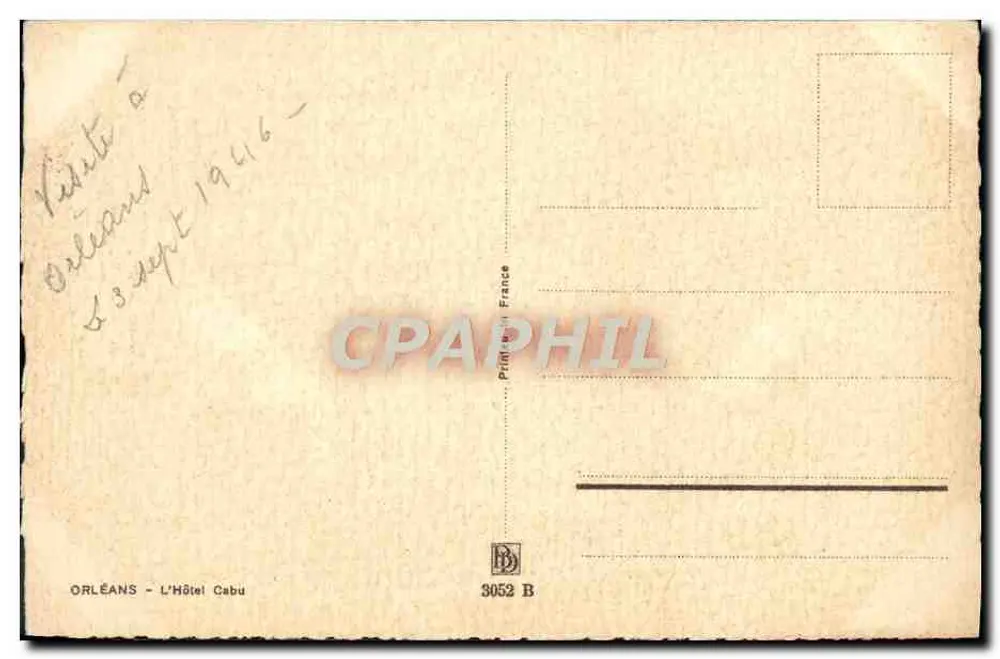 Orléans — O Hotel Cabu — editor Barday, n° 3052 B - Verso