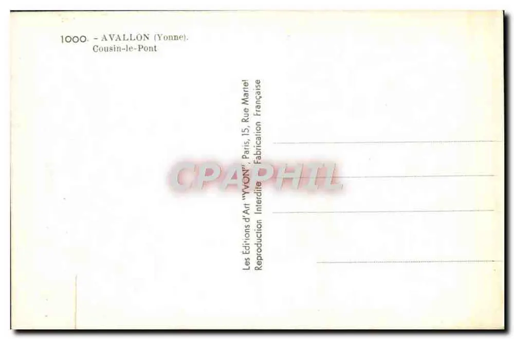 Avallon (Yonne) — Cousin-le-Pont — Les Éditions d'Art 'Avon', Paris - Verso
