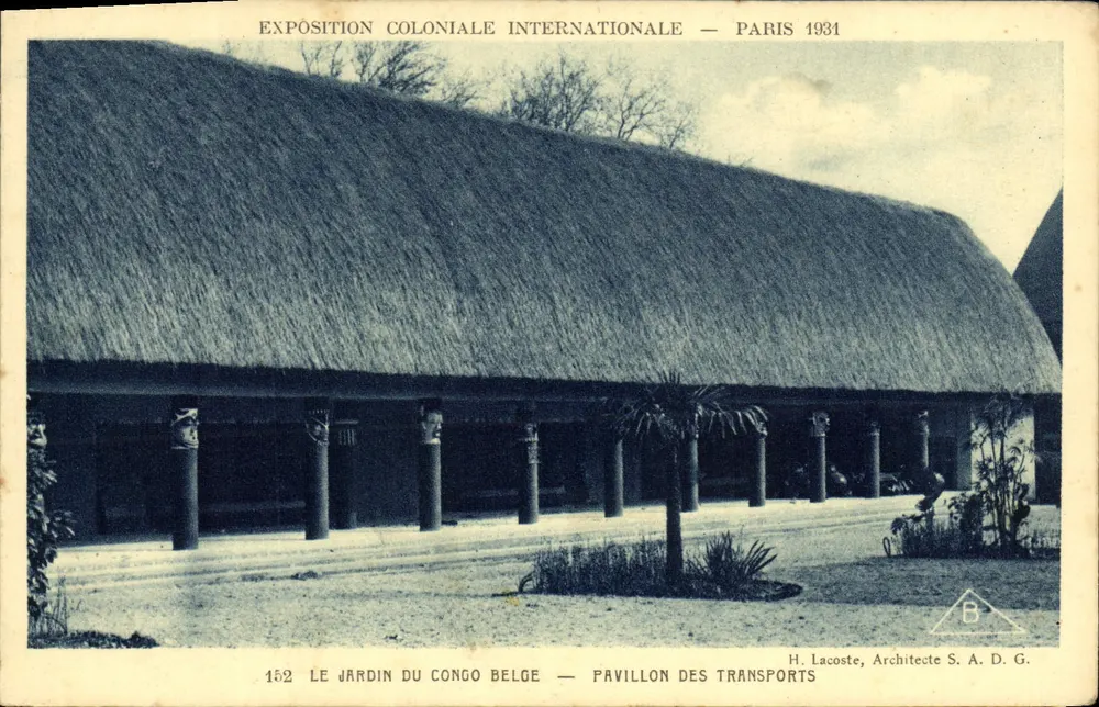 Internationale Kolonialausstellung — Paris 1931 — Der Garten des belgischen Kongo — Pavillon der Verkehrsmittel — H. Lacoste, Architekt S.A.D.G. - Vorderseite