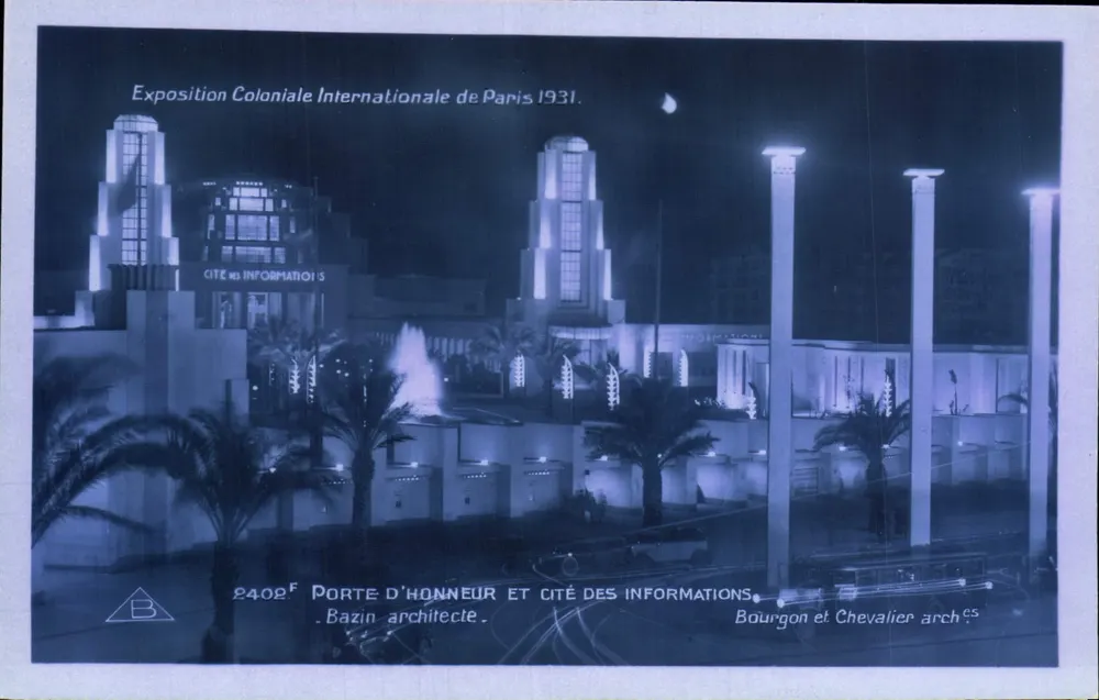 Ehrentor und Stadt der Informationen — Internationale Kolonialausstellung Paris 1931 — Architekten Bourgon und Chevalier - Vorderseite