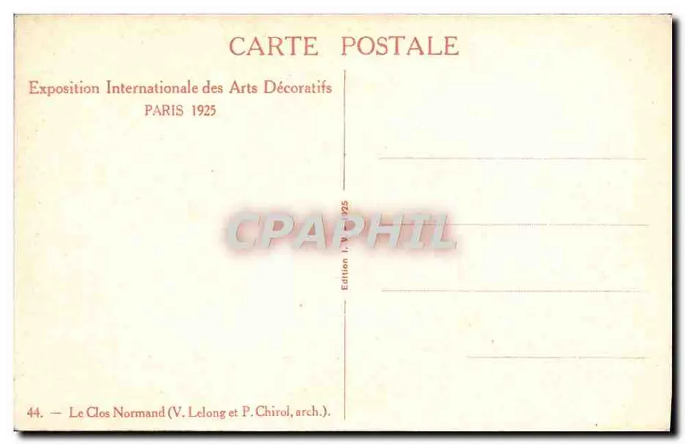 Le Clos Normand — Internationale Ausstellung der dekorativen Künste — Paris 1925 — Edition V. Lelong und P. Chirol, Architekten - Rückseite