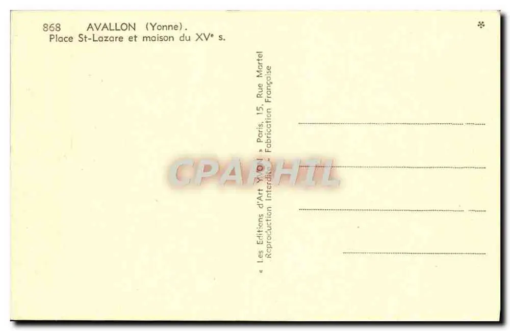 Avallon (Yonne) — Place St-Lazare und Haus aus dem 15. Jahrhundert — Les Éditions d'Art Yvon, Paris - Rückseite
