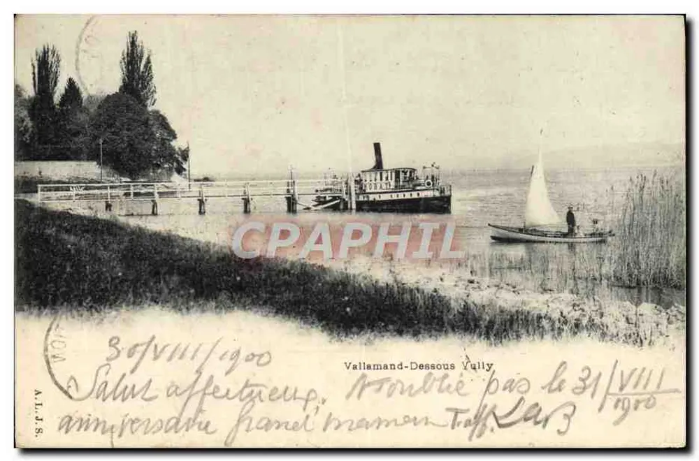 Vallamand-Dessous Vully — vista do lago com vapor e vela — editor não identificado - Frente