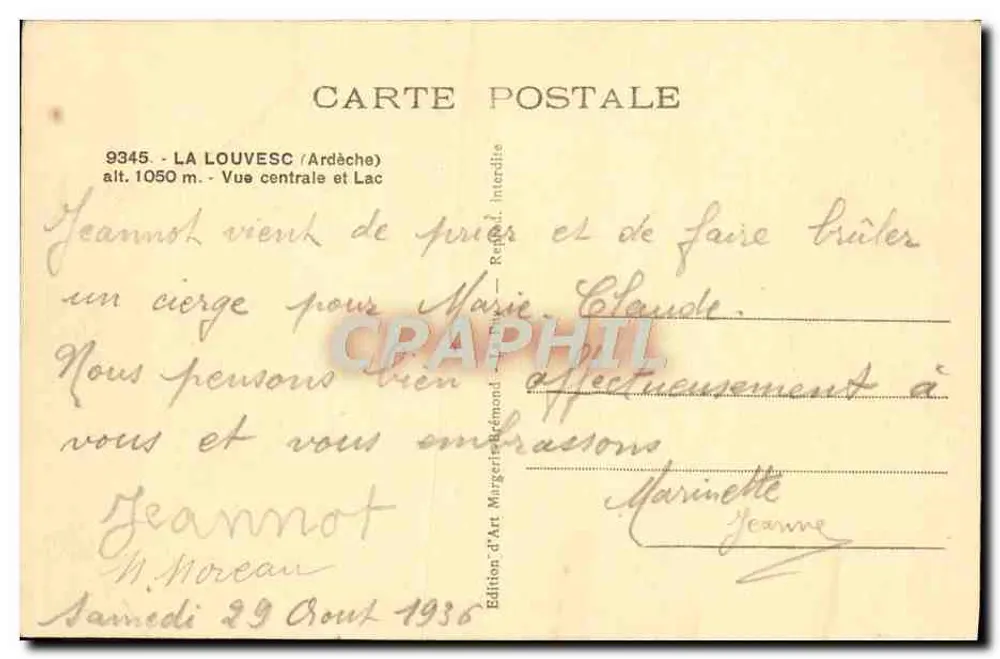 La Louvesc (Ardèche) — Vista central e Lago — Edição de Arte Marguerite Brémond - Verso