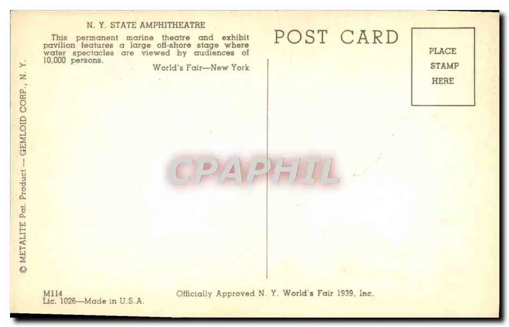 N.Y. State Amphitheatre — World's Fair 1939 — Gemloid Corp. - Rückseite