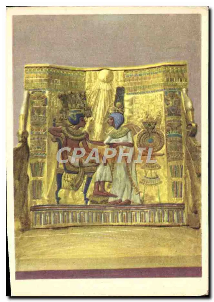 Tutankhamuns Schätze — Rückseite des Königs Thrones, die Königin hält mit einer Hand ein kleines Gefäß, steht vor ihrem Ehemann — Lambelet Succ., Kairo - Vorderseite