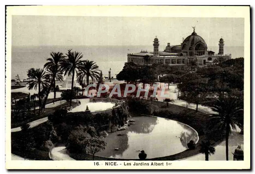 Nice - Jardins Albert 1er — vista dos jardins e do palácio com mar no fundo — Edição « Riviera » Nice, n° 16 - Frente