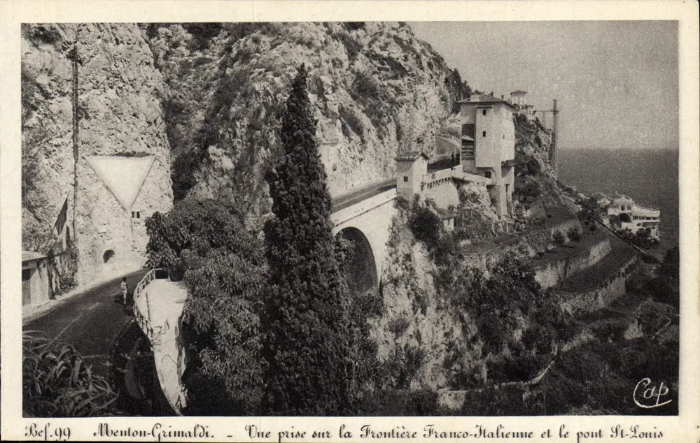 Menton-Grimaldi — Ansicht vom französisch-italienischen Grenzgebiet und Brücke Saint-Louis — Bef.99 — Cap - Vorderseite
