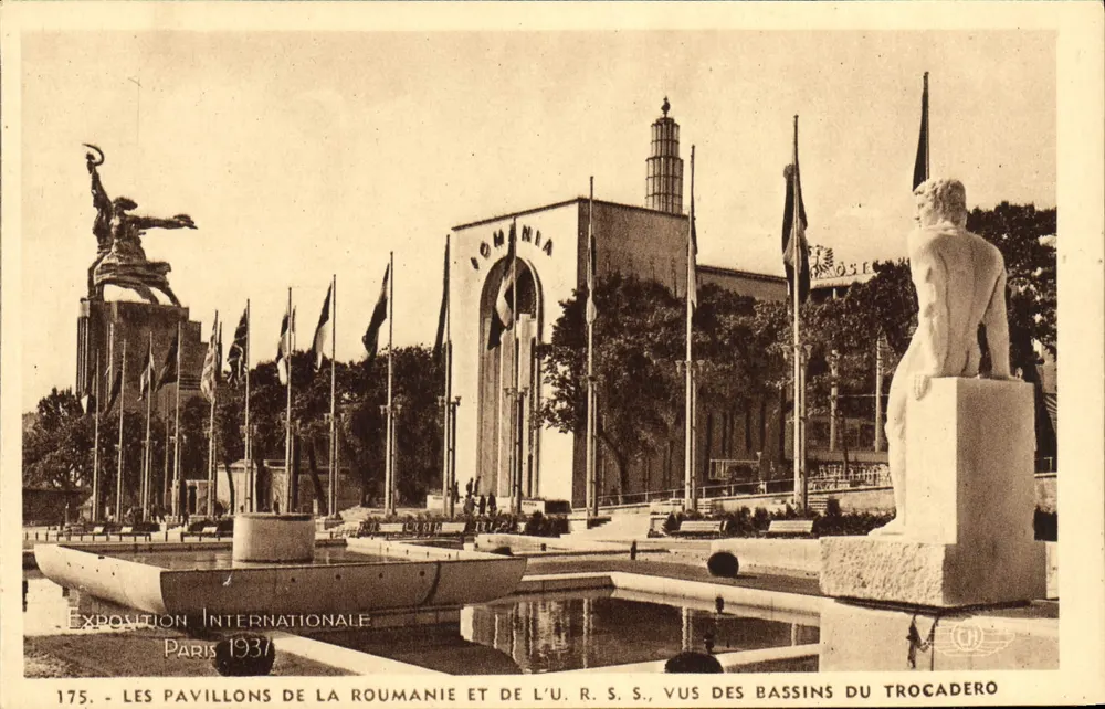 Die Pavillons der Rumänien und der U.R.S.S. von den Becken des Trocadéro gesehen — Internationale Ausstellung Paris 1937 — Nr. 175 - Vorderseite