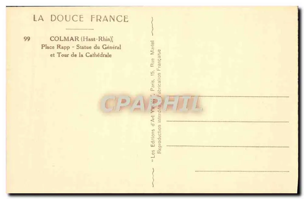 Colmar (Haut-Rhin) — Place Rapp, Statue des Generals und Turm der Kathedrale — Éditions d'Art Martel - Rückseite