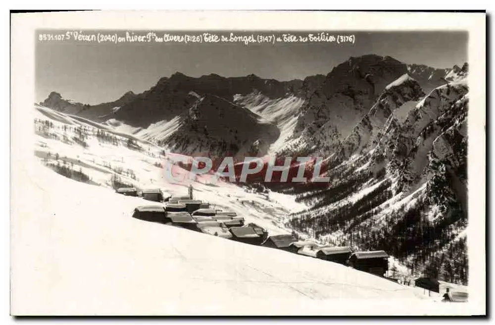 Saint-Véran (2040) — vista do Pâquier (3126), da Tête de Longel (3147) e da Tête du Boillies (3176) — Graphphil - Frente