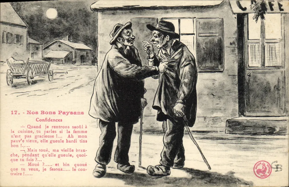 Dois camponeses discutindo em frente a um café — Nos Bons Paysans, série 17 — editor Masque & Cie - Frente