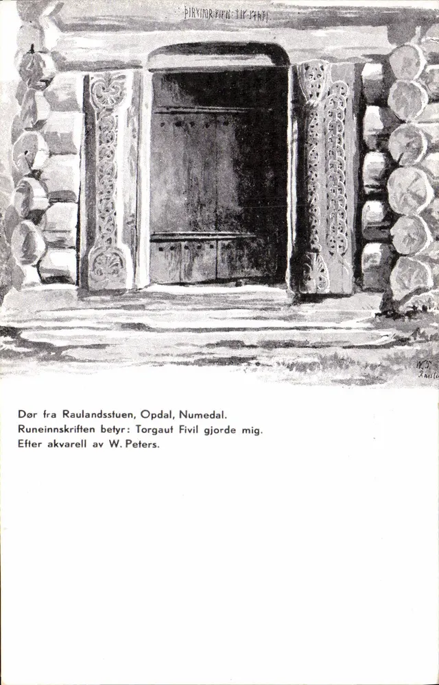 Tür der Raulandsstuen-Haus in Opdal, Numedal — Gravur von W. Peters — Ausgabe des norwegischen Volksmuseums - Vorderseite