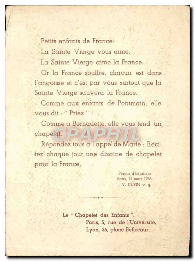 Unsere Frau der Empfängnis — Unbefleckt — Maison de la Bonne Presse, 5 rue Bayard, Paris - Rückseite